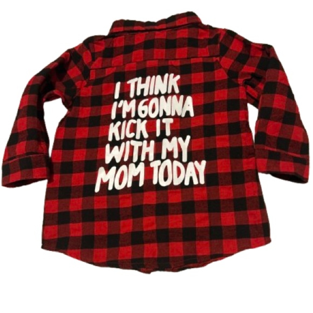 Kids Red Plaid Button-Down Shirt with Fun Slogan